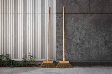 A Pair of Brooms Leaning Against a Wall