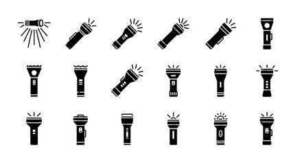 A collection of various flashlight icons in a simple black and white style, suitable for design elements, illustrating illumination, and representing portable lighting devices in a digital context.
