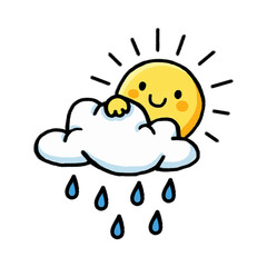 Illustration of hand drawn cute sun hiding behind a cloud with rain isolated on transparent background