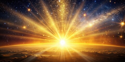 Warm golden light bursts forth from a celestial canvas, illuminated by vibrant rays that stretch across a vast, starry expanse