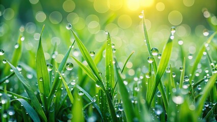 Fototapeta premium lush green grass with dew drops on surface, natural, foliage, natural, foliage, fresh, environment, verdant, grassland