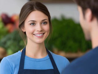 Smiling young woman with long brown hair wearing an apron is engaging with a customer in a vibrant market filled with fresh produce, showcasing a friendly atmosphere