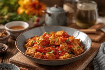 Fototapeta premium Plant-based cuisine featuring tofu and spicy red sauce