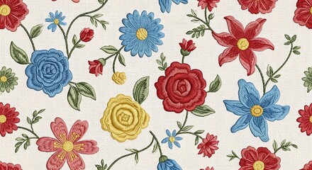 Delicate floral embroidery illustration with roses and wildflowers pattern