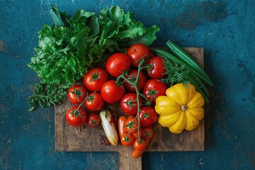 Assorted vibrant tomatoes and leafy greens displayed on a rustic wooden cutting board over a blue surface