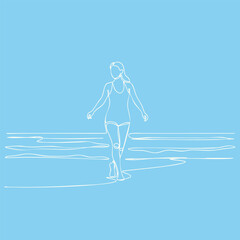 Minimalist Line Drawing of a Woman Walking Along the Shoreline with Calm Waves on a Bright Blue