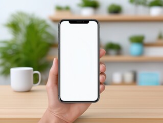 Hand holding smartphone mock up with blank screen, surrounded by greenery and minimalistic decor, showcasing modern lifestyle and technology integration in home environment