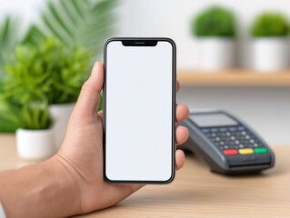 Hand holding smartphone mock up with blank screen, surrounded by greenery and payment terminal, showcasing modern technology and digital lifestyle in a contemporary setting