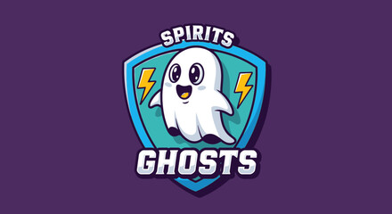 Cartoon ghost mascot with a shield and lightning bolts, featuring the words 