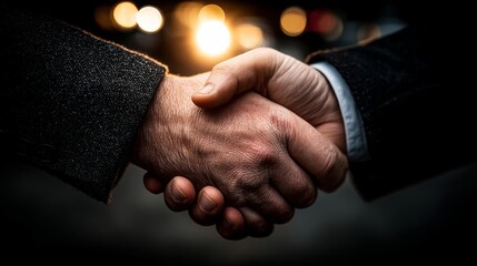 Two hands engaged in a firm handshake, one dressed formally in dark clothing, the other casually with a coat,