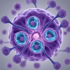 A timelapse-style image showing a cell dividing: starting from one cell, splitting into two, then four, highlighting nucleus and cytoplasm changes.
