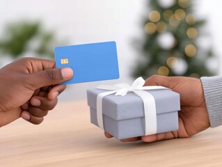 Hands exchanging a blue credit card and a gray gift box with a white ribbon, symbolizing the joy of gifting and financial transactions during festive celebrations