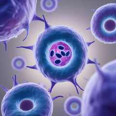 A timelapse-style image showing a cell dividing: starting from one cell, splitting into two, then four, highlighting nucleus and cytoplasm changes.