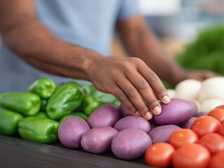 African American man selecting fresh vegetables, including purple potatoes, green peppers, and red tomatoes, at a vibrant market stall showcasing healthy produce options