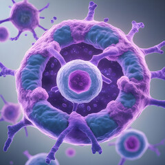 A timelapse-style image showing a cell dividing: starting from one cell, splitting into two, then four, highlighting nucleus and cytoplasm changes.