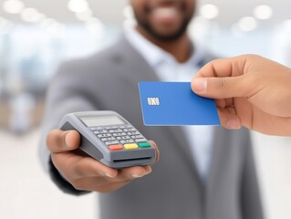 African American man in a suit presenting a payment terminal while another hand offers a blue credit card, illustrating modern financial transactions and customer service