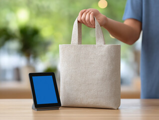 Person holding a beige tote bag with two handles, positioned beside a digital tablet on a wooden table, showcasing modern lifestyle and shopping convenience