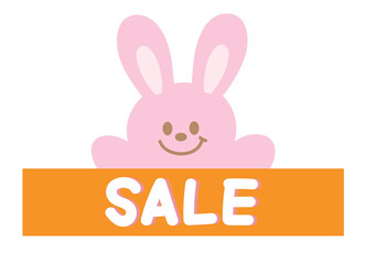 Cute SALE icon with bunny for online shopping, promotion, sticker, banner, discount, web button, campaign badge, brochure, price tag, animal, pet shop, vet, rabbit cartoon, ads, happy easter