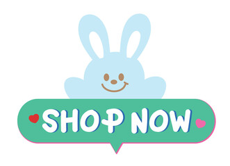 Cute SHOP NOW sale icon with bunny for online shopping, promotion, sticker, banner, discount, web button, campaign badge, brochure, price tag, animal, pet shop, vet, rabbit cartoon, ads, happy easter
