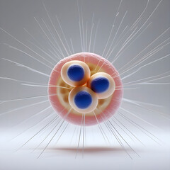 A 3D render of a eukaryotic cell in metaphase: chromosomes aligned centrally, spindle fibers extended, isolated on white background.