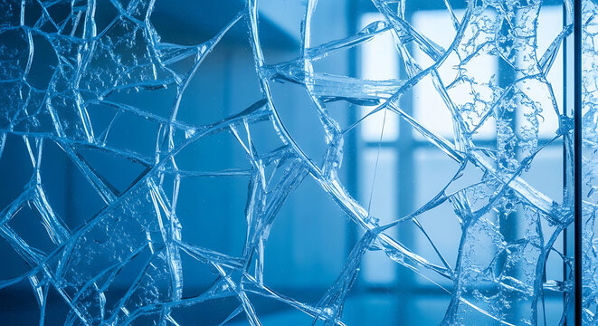 Closeup of shattered glass with intricate web of cracks