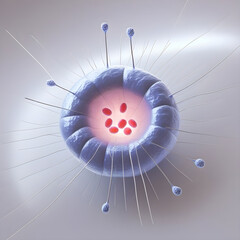 A 3D render of a eukaryotic cell in metaphase: chromosomes aligned centrally, spindle fibers extended, isolated on white background.