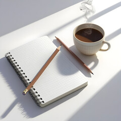 A blank spiral notebook journal with a sharp pencil and steaming coffee cup beside it, minimalistic layout, on white background.