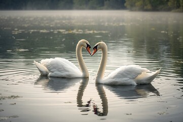Fototapeta premium Elegant white swans gliding across the lake