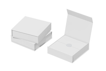 White cardboard packaging boxes, one opened and two stacked, minimalistic graphic style, isolated on white background. Concept of branding and delivery. 3D Rendering