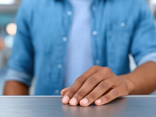 African American man in denim shirt places hand on metallic surface, showcasing focus and engagement in a professional environment with a blurred background