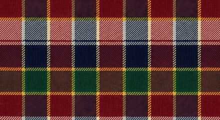 Detailed view of classic multicolored tartan fabric design pattern