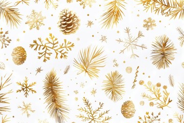 Glittering gold pine branches pattern illustration snowflakes.