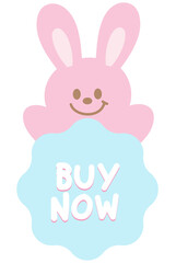 Cute BUY NOW sale icon with bunny for online shopping, promotion, sticker, banner, discount, web button, campaign badge, brochure, price tag, animal, pet shop, vet, rabbit cartoon, ads, happy easter