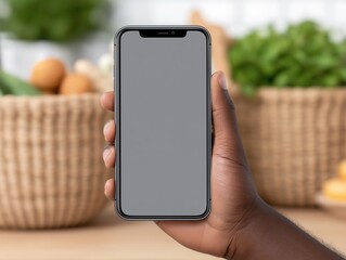 Hand holding smartphone mock up with blank screen, surrounded by fresh vegetables and fruits in woven baskets, showcasing healthy lifestyle and technology integration