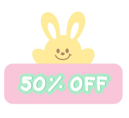 Cute 50% OFF sale icon with bunny for online shopping, promotion, sticker, banner, discount, web button, campaign badge, brochure, price tag, animal, pet shop, vet, rabbit cartoon, ads, happy easter