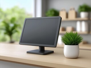 Modern computer monitor with blank screen placed on wooden desk beside a potted plant, creating a serene workspace atmosphere with natural light