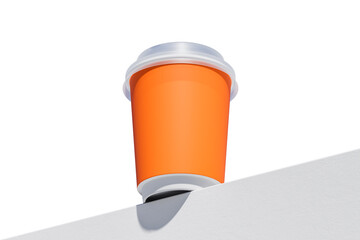 Orange takeaway coffee cup with white lid standing on angled white surface, minimal graphic style, isolated on white background. Concept of branding. 3D Rendering