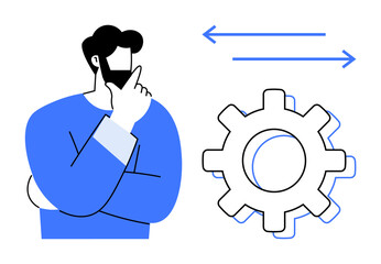 Man thinking with hand on chin and gear alongside arrows indicating analysis, choices, and progress. Ideal for strategy, innovation, planning, problem-solving, workflow optimization, technology