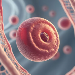 A close-up microscopic view of a single human blood cell.