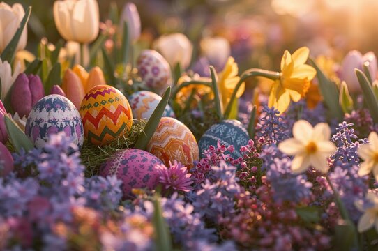 Easter eggs coated in wax resting among blooms