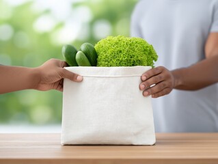 Hands exchanging a reusable bag filled with fresh green lettuce and cucumbers, symbolizing healthy eating and sustainable living in a bright, natural environment