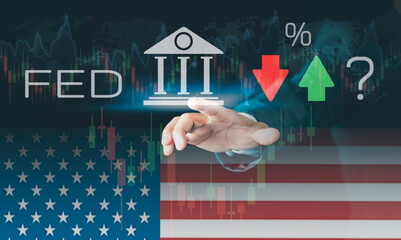 Federal Reserve economy and business concept showing interest rate rise and fall policy. Visual of...
