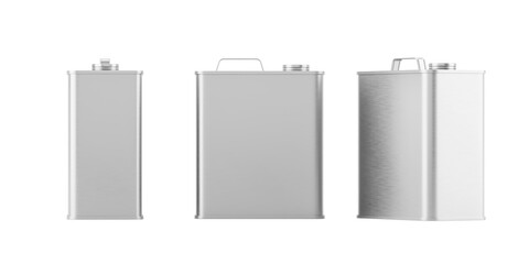 Three silver metal rectangular tin cans with screw caps and top handles, isolated style on white background. 3D Rendering of packaging container set