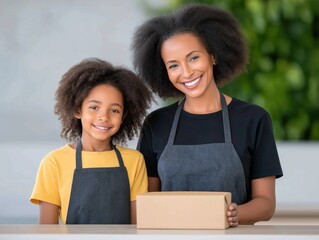 African American woman and girl, both wearing aprons, are smiling while holding a cardboard box in a bright, modern kitchen, showcasing a joyful moment of togetherness