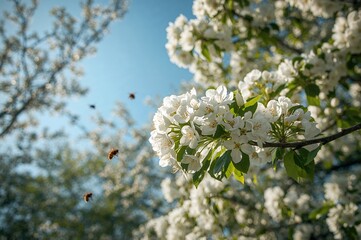 Obraz premium Bees Buzzing Among Blossoming Trees in Early Spring