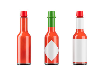 Three red hot sauce bottles with blank labels and green or red caps, isolated on white background. Packaging mockup concept. 3D Rendering