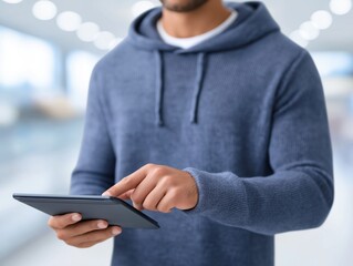 African American man wearing a blue hoodie is using a tablet device in a bright, modern environment, showcasing technology engagement and digital interaction