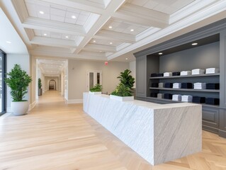 Modern reception area featuring a sleek marble front desk, elegant plants, and neatly arranged towels on shelves, creating a welcoming atmosphere for visitors and clients