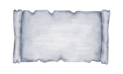 Obraz premium A gray rolled scroll with soft edges. Watercolor illustration. Hand drawn isolated background. Retro invitation paper with fairytale motifs. Old parchment for lettering and childrens designs