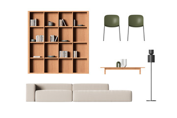 Contemporary minimalist furniture set featuring wooden bookshelf, green chairs, beige sofa, wooden table with decor, and floor lamp on white background. 3D Rendering